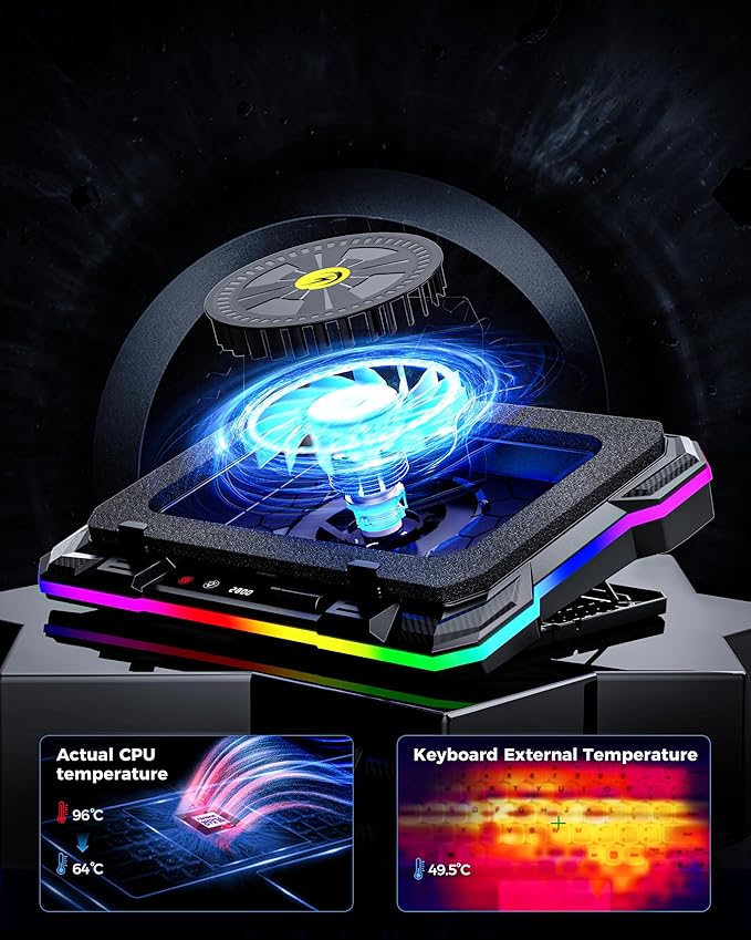 AICHESON Gaming Laptop Cooler Cooling Pad Ultra Cooling with 10°C-35°C Temperature Drop RGB Turbo Fan Stand Base for 14-19 inch Computer Laptops