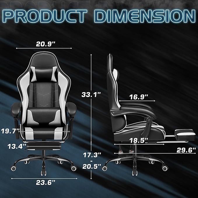 Homall Gaming Chair Video Game Chair with Footrest and Massage Lumbar Support Ergonomic Computer Chair Height Adjustable with Swivel Seat and Headrest (White)