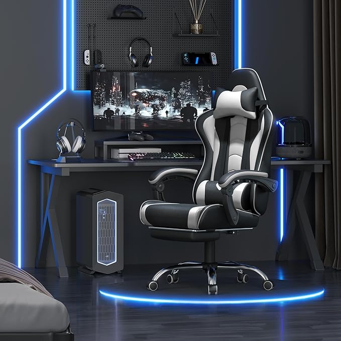 Yaheetech Gaming Chair Video Game Chair with Massage Lumbar Support and Footrest Height Adjustable Ergonomic Computer Gaming Chair with Swivel Seat and Headrest Black/White