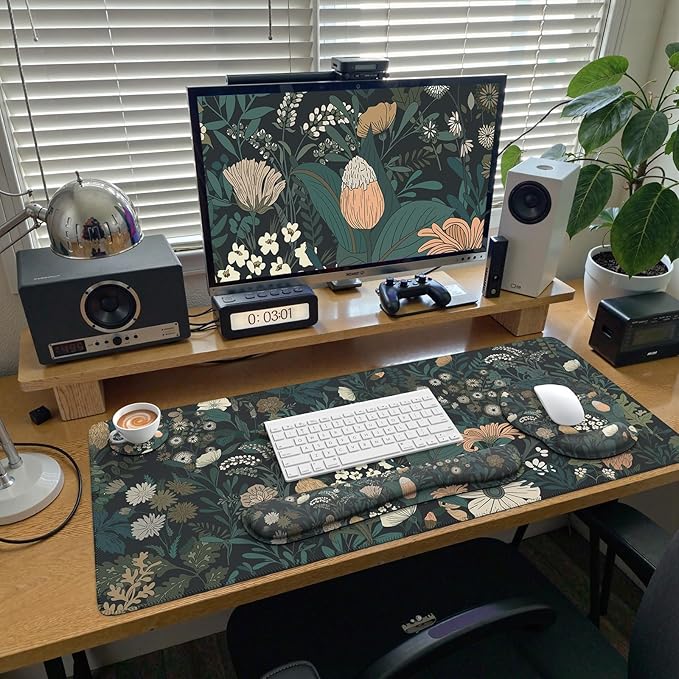 iCasso Desk Cover Mat 4in1 Floral Large Mouse Pad with Wrist Rest Desk Matt for Desktop Anti-Slip XXL Big Computer Ergonomic Mousepad with Wrist Support for Keyboard and Mouse (Weeds)