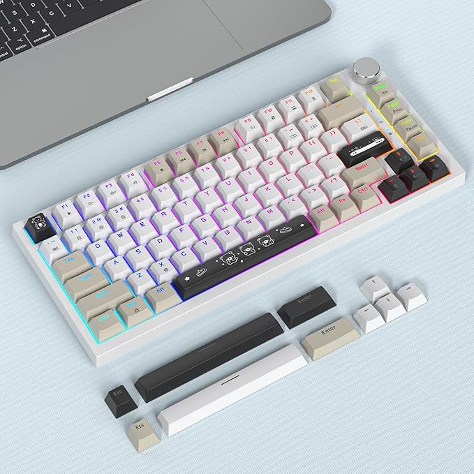 Owpkeenthy 75% Keyboard 82 Key Gasket Mounted Mechanical Gaming Wired RGB Backlit NKRO Compact Hot Swappable Keyboard with Volume Knob for PC Laptop (82 Gray White)