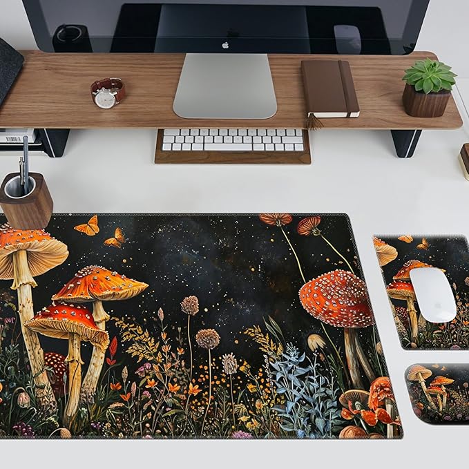 Ergonomic Desk Pad Mat &amp Keyboard Wrist Rest Set 3-in-1 Office Mouse Pad with Memory Foam Support Non-Slip Computer Blotter for Home Gaming &amp Writing 23.6 x 11.8 Mushroom