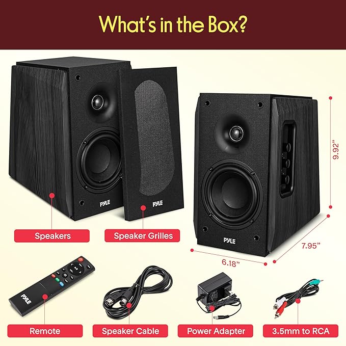 Pyle Powered Bookshelf Speaker System with Bluetooth 80W Active Stereo Speakers Bass Reflex Natural Wood Cabinet Hi Def ARC Optical Coax Subwoofer Out for Home Theater Computer Studio (Pair)