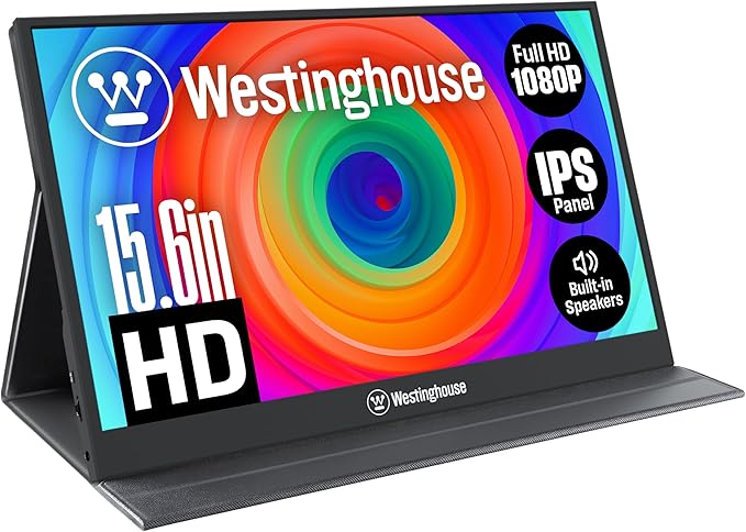 Westinghouse 15.6 Inch Portable Monitor for Laptop &amp Travel 1080p 60Hz IPS Display Full HD Screen with Magnetic Protective Cover Built in Speakers 1x Mini HDMI 1x USB Type-C
