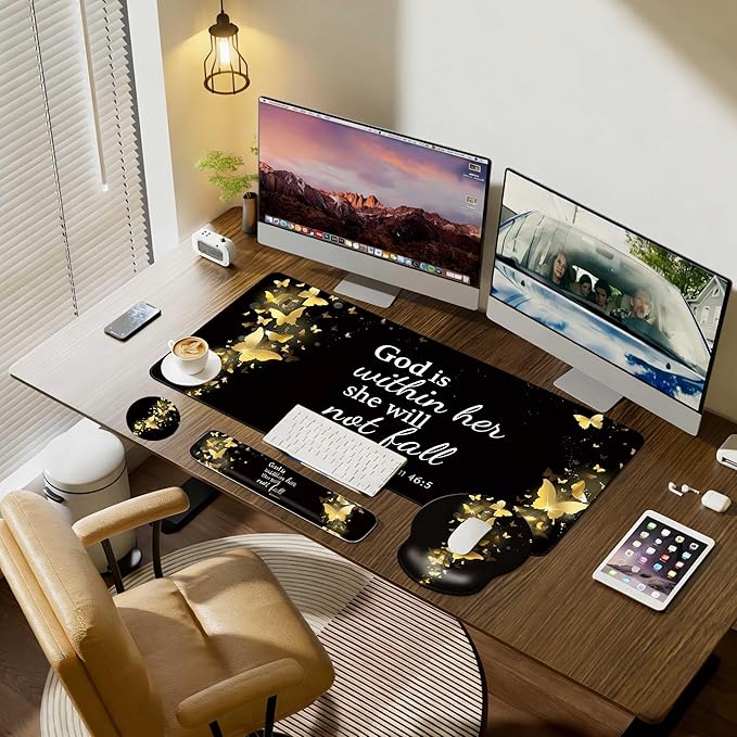 Desk Mat Set + Keyboard and Mouse Pad with Wrist Rest Support4-in-1 Large Mousepad Computer Mats for Desktop Home &amp Office-Golden Butterflies