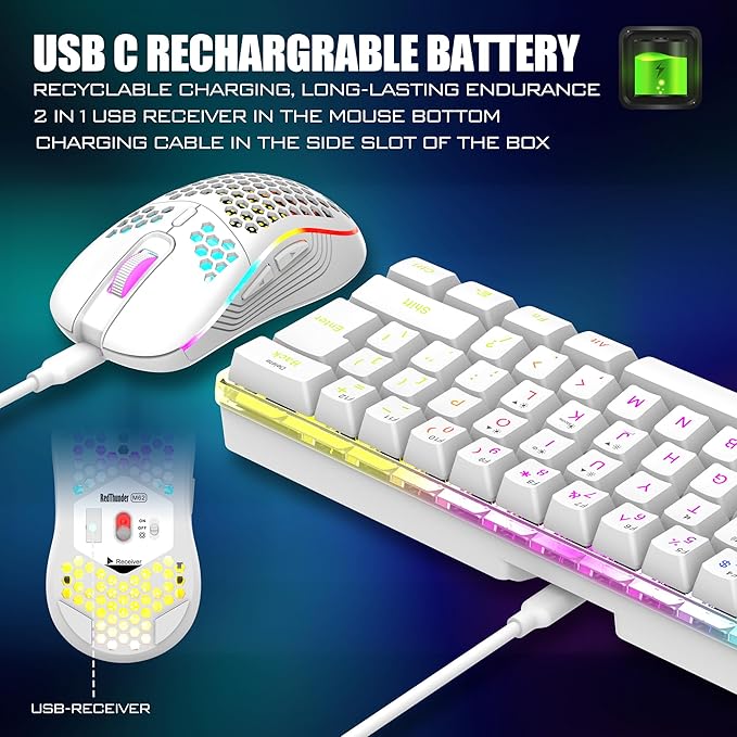 RedThunder 60% Wireless Gaming Keyboard and Mouse Combo 2500mAh Rechargeable Battery Ultra-Compact Small RGB Mechanical Feel Keyboard Lightweight Honeycomb Optical Mouse for Gaming/Business White