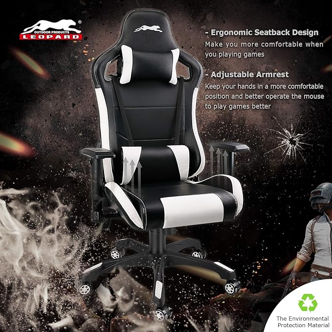 Leopard Gaming Chair High Back PU Leather Office Chair Adjustable Video Gaming Chairs Swivel Racing Chair with Adjustable Armrest (Black/White)