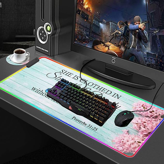 Customized RGB Gaming Mouse Pad and Coffee CoasterLarge Glowing Led Anti-Slip Rubber Base Computer Keyboard Desk Mouse Mat 31.4x11.8 InchPink Hyacinth Bible Verse Proverbs 31-25