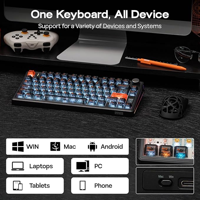 EPOMAKER TH80 V2 PRO Wireless Gaming Keyboard with Screen&ampKnob 10000mAh 2.4Ghz/BT/USB-C RGB Hot Swap Custom Driver NKRO PBT Keycap Mechanical Keyboard for PC/Mac (Black Sea Salt Silent)