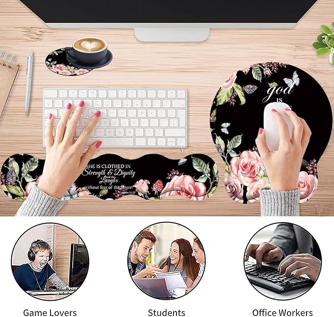 3 in 1 Keyboard Wrist Rest + Mouse Pad and Coaster Ergonomic Gel Mouse Pad and Keyboard Pad Set Comfortable Lightweight for Easy Typing Pain Relie Floral Quote Bible Verse Psalm 46:5