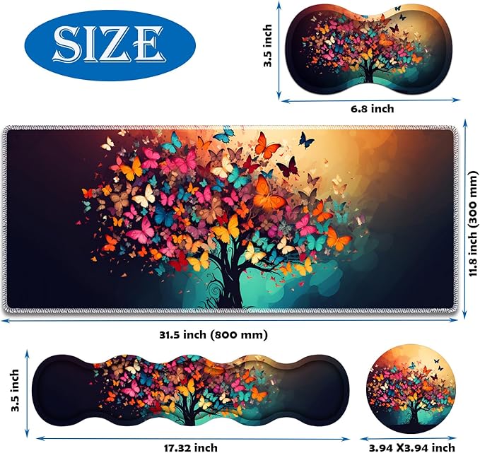 4 in 1 Mouse Pad Combo Large Gaming Mouse Pad + Keyboard Wrist Support + Mouse Wrist Rest + Coaster Table Pad 31.5 x 11.8 with Memory Foam Ergonomic Wrist Pad Set Colorful Tree Butterfly