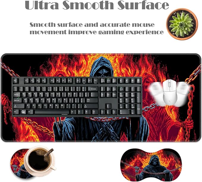 Ergonomic Keyboard Wrist Rest &amp Mouse Pad Wrist Rest SetXL Gaming Desk Mat 31.5x 11.8Non-Slip BaseMemory FoamEasy Typing Pain Relief for Office &amp HomeSkull with Flames