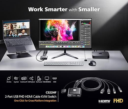 ATEN CS22HF 2-Port USB FHD HDMI KVM Switch Full HD 1080p 2 Computers 1 Monitor USB Peripherals Easy Hook Design Push-Button Remote Plug-and-Play Multi-Platform (Windows/Mac/Linux)
