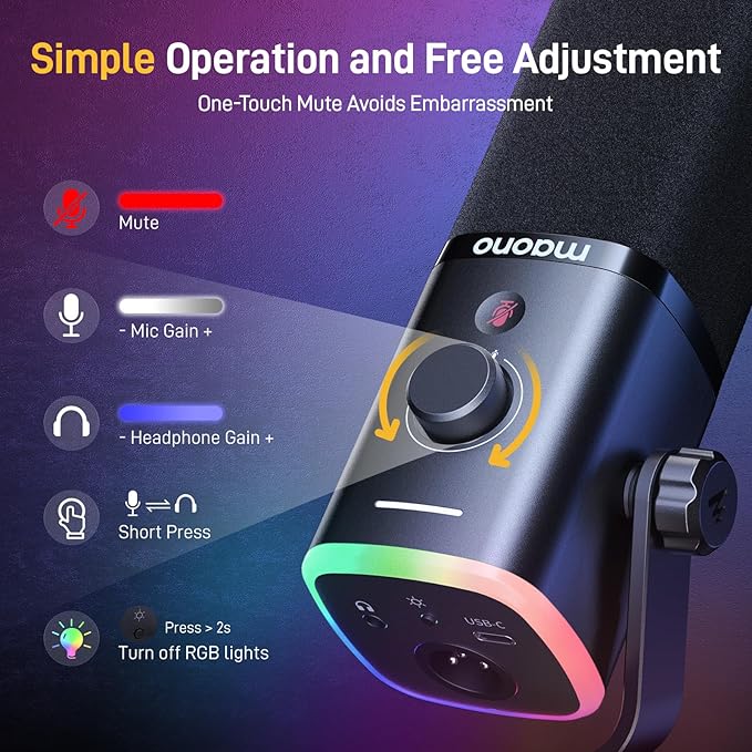 MAONO USB/XLR Podcasting Microphone for PC Gaming Streaming Dynamic Mic with Mute Button RGB Desktop StandComputer Mic for Video Studio Recording-PD100XBlack