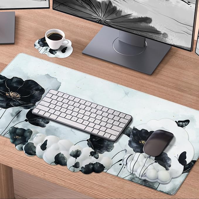 Conmputer Desk Mat Set 4 in 1 Cloud-Shaped Ergonomic Wrist Rest Set Mouse Pad with Non-Slip Base Memory Foam Silicone Lining Keyboard Wrist Rest Computers Offices Gaming Ink Wash Lotus