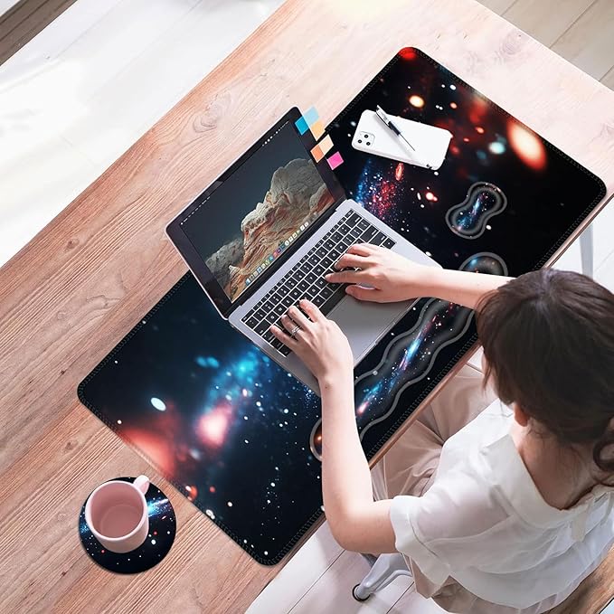 Mouse PadLarge Desk Mat Set 4in1 XL Mousepad + Keyboard Wrist Rest+Mouse Wrist Rest+Coaster with Ergonomic Desk Pad for Home Office Table Computer Cover -Colorful Galaxy Nebula