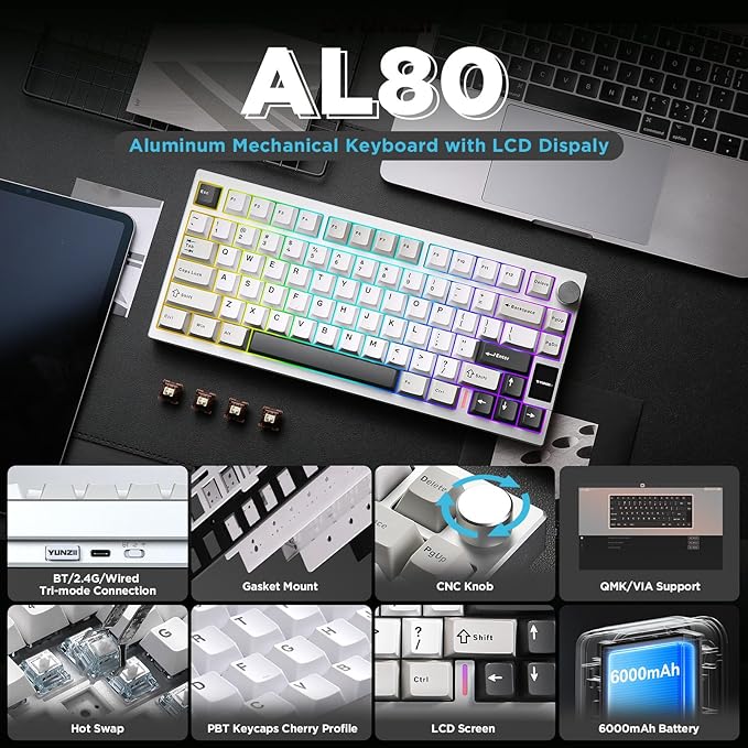YUNZII AL80 Wireless Mechanical KeyboardFull Aluminum CNC Smart LCD DisplayHot Swappable Gasket Mount 75% Layout with KnobBT/2.4G/USB-CQMK/VIA Support for Win/Mac (Silver Cocoa Cream V2 Switch)