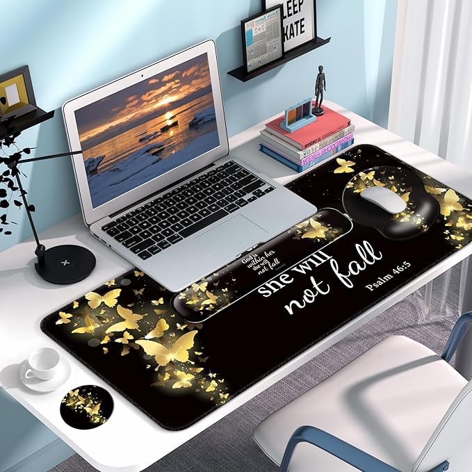 Desk Mat Set + Keyboard and Mouse Pad with Wrist Rest Support4-in-1 Large Mousepad Computer Mats for Desktop Home &amp Office-Golden Butterflies