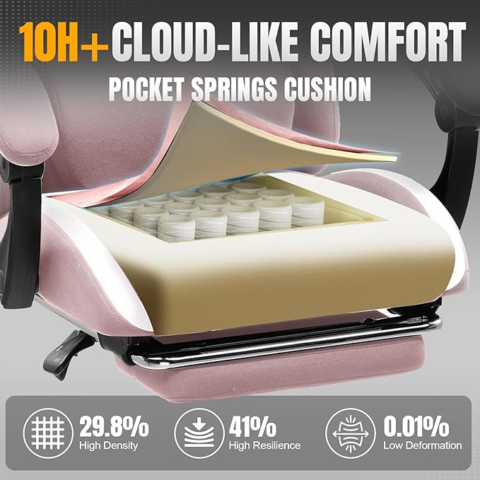 GTPLAYER Gaming Chair with Foot Rest &amp Pocket Spring Cushion Breathable Fabric for Home Office Desk Ergonomic High Back Computer Chair with Headrest &amp Lumbar Support Pink