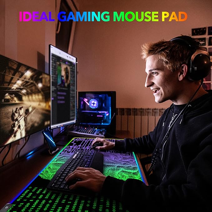 AIMSA Large Gaming Mouse Pad RGB Keyboard Led Mousepad Extended 35.4 x 15.8 inch Non-Slip Rubber Base with 14 Lighting Modes Big Desk Mat Waterproof Technology Brain