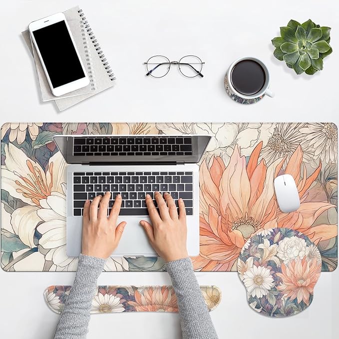 Britimes Boho Aesthetic Flower Keyboard Mouse Pad Set Orange White Florals 4in1 Large Mousepad+Keyboard Wrist Rest+Mouse Wrist Rest+Coaster Ergonomic Design for Home Office Computer 35.4x15.7 inches