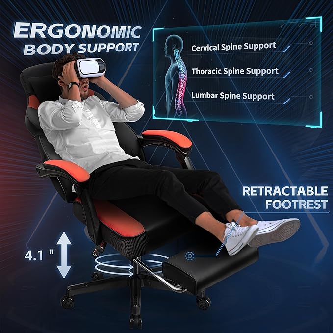 Gaming Chairs for Adults Computer Chair with Footrest High Back Big and Tall Gamer Chair‘s with Massage Lumbar Support 360° Swivel Height Adjustable Computer Chaires Dark Red