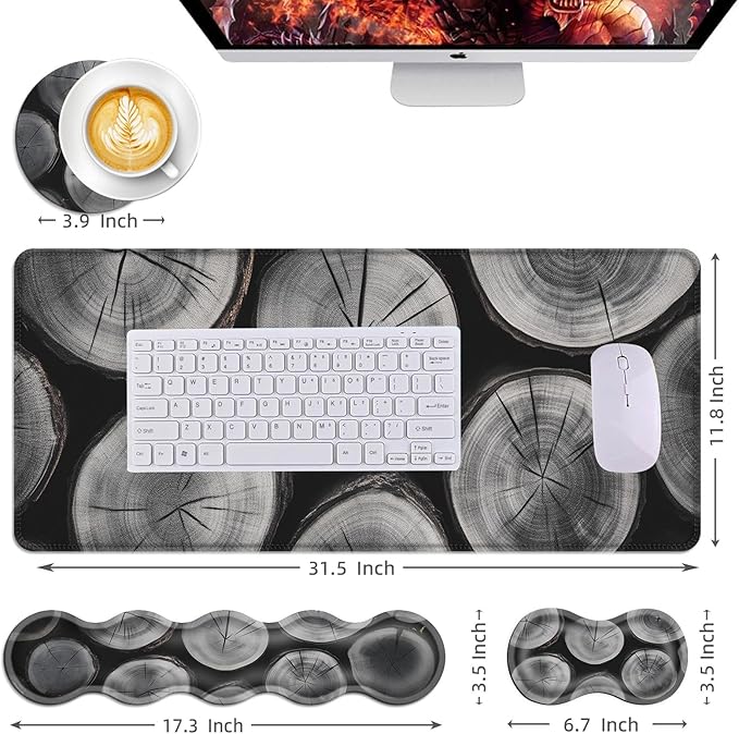 Mouse PadLarge Desk Mat Set 4in1 XL Mousepad + Keyboard Wrist Rest+Mouse Wrist Rest+Coaster with Ergonomic Desk Pad for Home Office Table Computer Cover -Rustic Wood