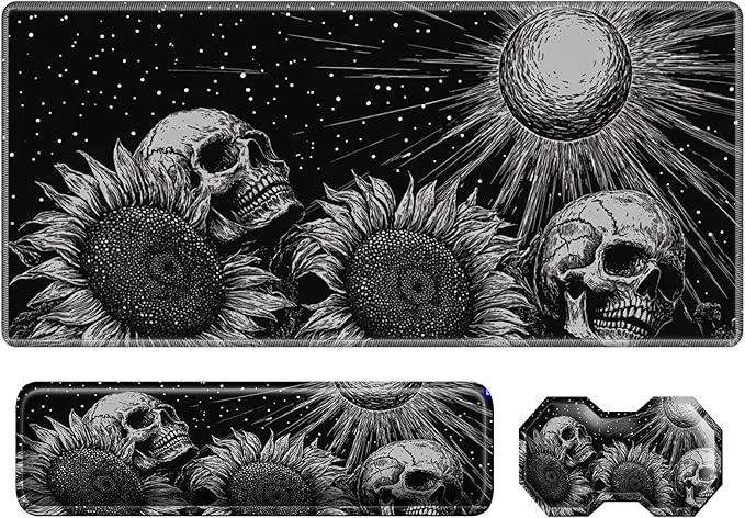 3Pcs Mouse Pad Set Gothic Skull Sunflowers Large Gaming Mouse Pad with Stitched Edge Ergonomic Memory Foam Keyboard Wrist Support and Mouse Wrist Rest Cushion Pain Relief Non-Slip Desk Pad Combo