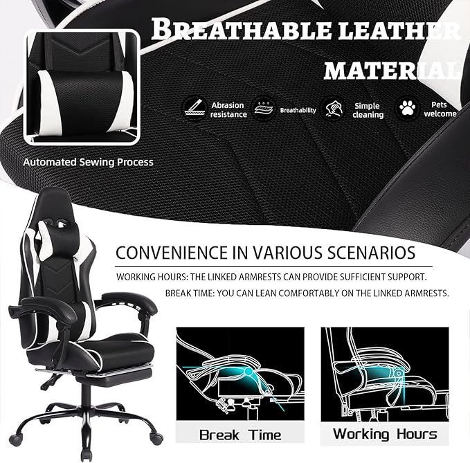 Gaming Chair High Back Ergonomic Office Chair with Massage Lumbar Support and Footrest Reclining Swivel Gamer Seat for Adults Kids Home Bedroom Black White