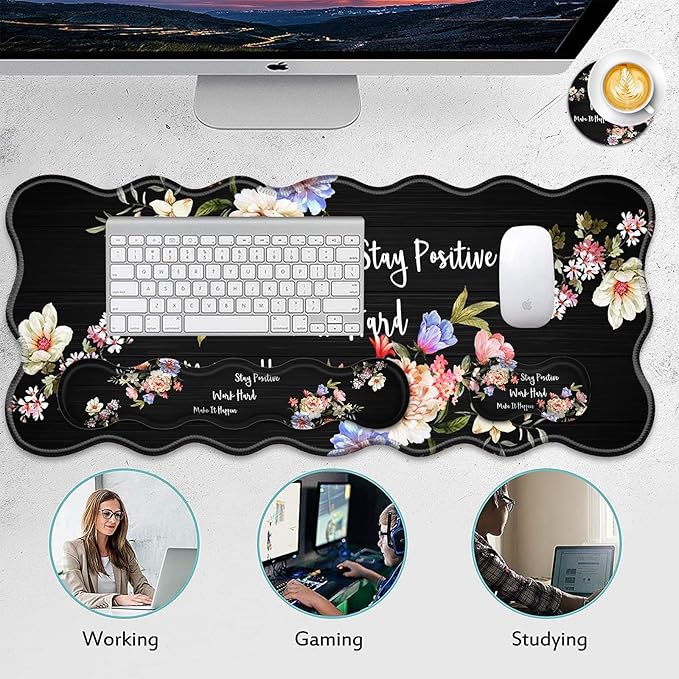 4 in 1 Desk Mat SetMouse Pad with Keyboard Wrist RestWave-Shaped DesignNon-Slip Rubber BaseWaterprooffor HomeOfficeInspirational Quotes