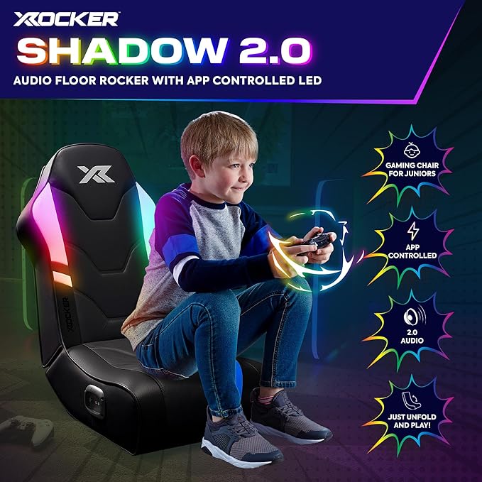 X Rocker Shadow RGB 2.0 Floor Rocker Audio Console Gaming Chair - Neo Motion™ Sync App Controlled LED Lights Headrest Speakers Folding Rocking Base Wipe-Clean Faux Leather for Kids &amp Teens - B