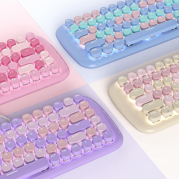 Purple Creamy Mechanical Gaming Keyboard Aesthetic Keyboard w/White Backlit 84 Keys Cute Retro Typewriter Computer Keyboard Wired w/Pink Switch Round Keycap for Windows/PC/PS5 (Purple)