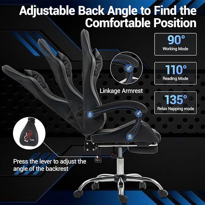 Ergonomic Gaming Chair with 360° Swivel &amp Recline 90-135°Adjustable Backrest Lumbar Massage Support Linkaged Armrests Heavy-Duty Casters &amp Frame Esports Office Computer Desk Chair Black