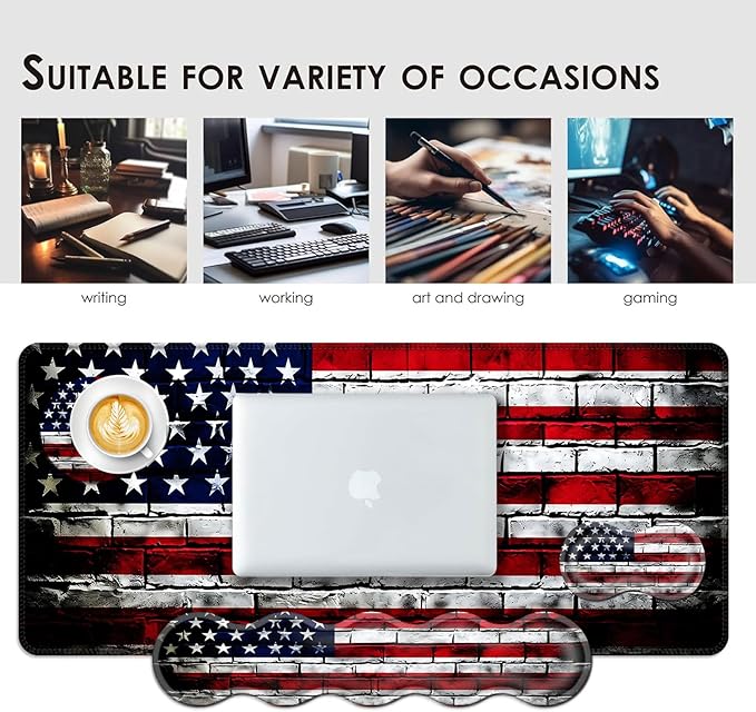 Large Keyboard Mouse Pad Set Extended Mouse Pad+Keyboard Wrist Rest Support Memory Foam Ergonomic Easy Typing 4Pcs (31.5×11.8 in) Desk Pad Set for Office HomeAmerican Flag on Brick Wall