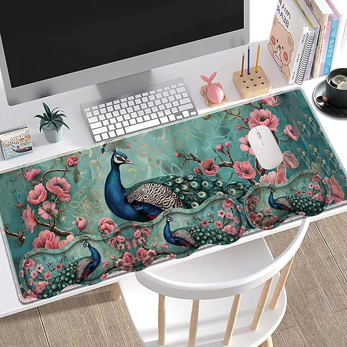 Large Gaming Mouse Pad + Keyboard Wrist Rest + Wrist Support + Coaster Set Memory Foam Ergonomic for Easy Typing XXL Extended Gaming Mouse Pad Table Pad - Peacock