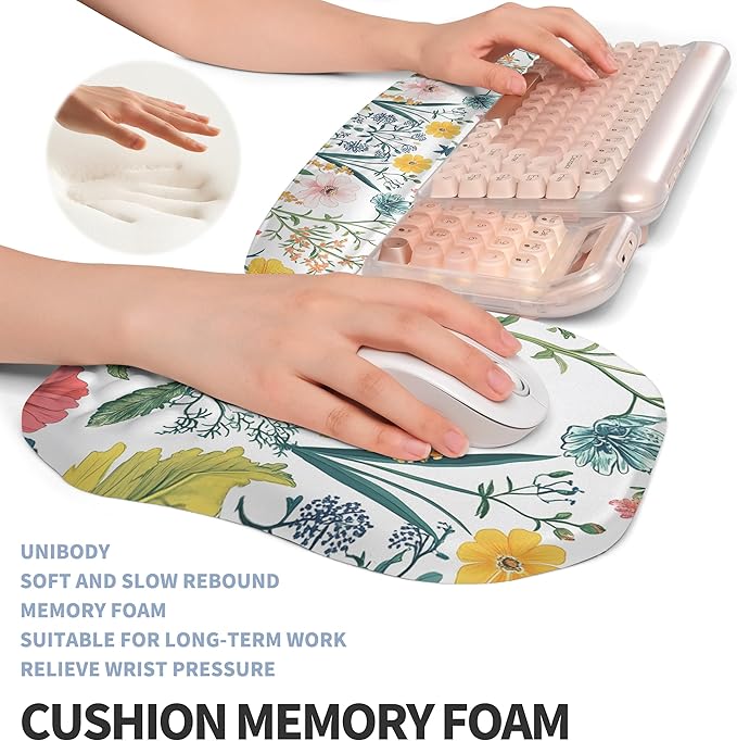 2-in-1 Ergonomic Set Wave Keyboard Wrist Rest and Massage Slope Mouse Pad Wrist Support Rebound Memory Foam for Relieve Carpal Tunnel Syndrome and Wrist Pain (Pink Flowers)