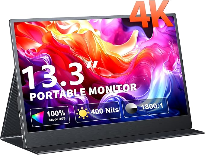 4K Portable Monitor 13.3 UHD IPS Portable Laptop Screen Second Screen Dual USB C HDMI Computer Gaming Display with Speakers Travel Monitor for PC Phone PS4/5 Xbox Switch