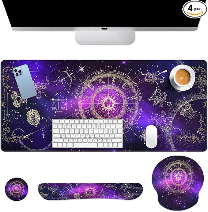 Arttown Sun Space Galaxy Desk Mat Constellation Astrology Mouse Pad Set 4 in 1 Ergonomic Design Large Mousepad + Keyboard Wrist Rest + Mouse Wrist Rest + Coaster Suitable for Home Office Study Game