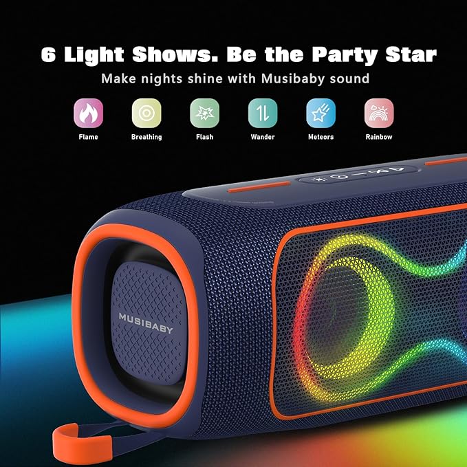 Musibaby 80W Bluetooth Speaker Loud Portable Speaker with Deep Bass Waterproof Outdoor Speaker with RGB Lights for Camping Beach &amp Party 24H Playtime BT5.3 Dual Pairing