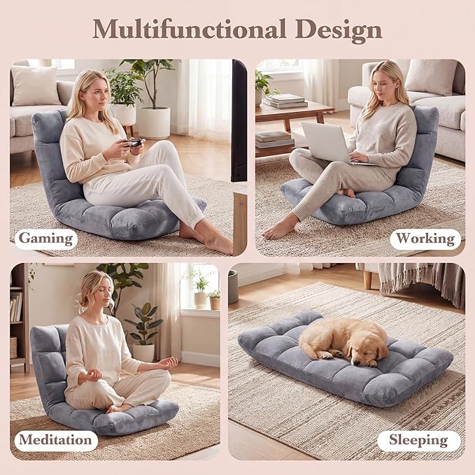 MAT EXPERT Floor Chair with Back Support Floor Gaming Chair w/ 14 Adjustable Position Soft Coral Fleece&ampAlloy Steel Frame Foldable Padded Lazy Couch Recliner for Meditating (Grey Small)