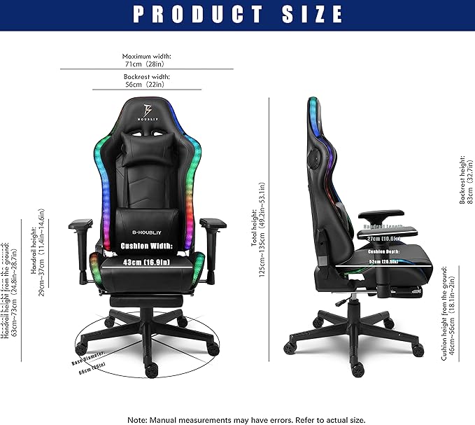 TBQATNTS RGB LED Light Ergonomic Gaming Chair - Built-in Speakers Full Body Massage High-Back Office Recliner with Footrest - Comfortable Computer Chair Ideal for Adults and Teens.Black
