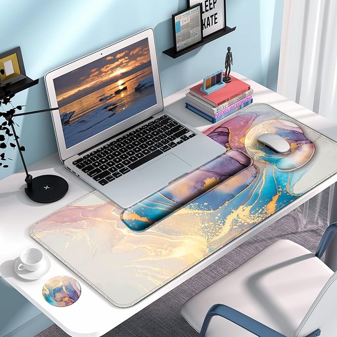 Mouse Pad + Desk Mat + Keyboard Wrist Rest + Coaster 4 in 1 Set Cute Ergonomic Large Gaming Mousepad with Wrist Rest Support Desk Pad for Computer Laptop Office Home Decor-Marble 3