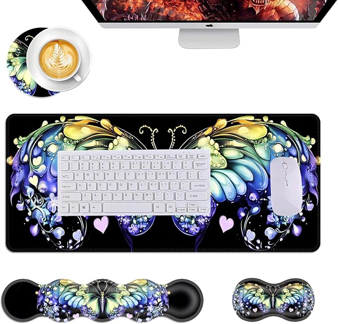 Mouse PadLarge Desk Mat Set 4in1 XL Mousepad + Keyboard Wrist Rest+Mouse Wrist Rest+Coaster with Ergonomic Desk Pad for Home Office Table Computer Cover -Fantasy Butterfly