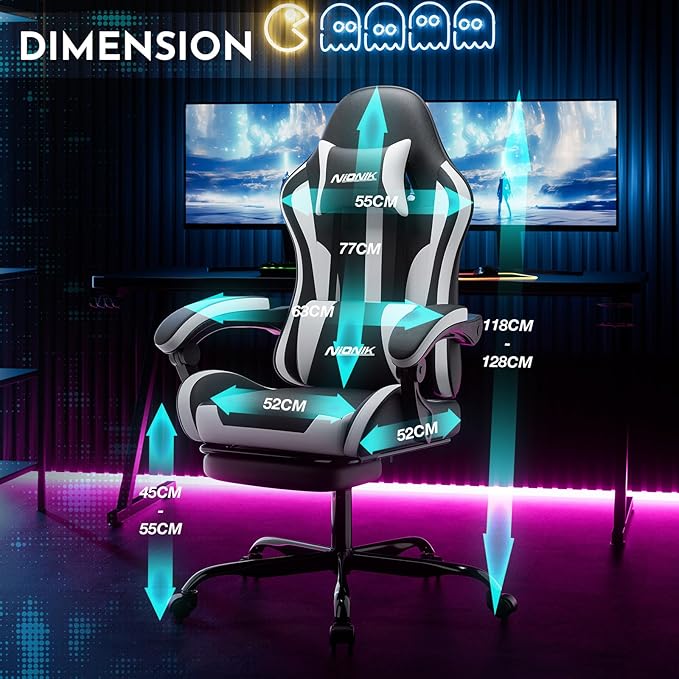 Gaming Chair Ergonomic Computer Chair with Footrest and Lumbar Support Height Adjustable Game Chair with 360°-Swivel Seat and Headrest and for Office or Gaming Blackwhite