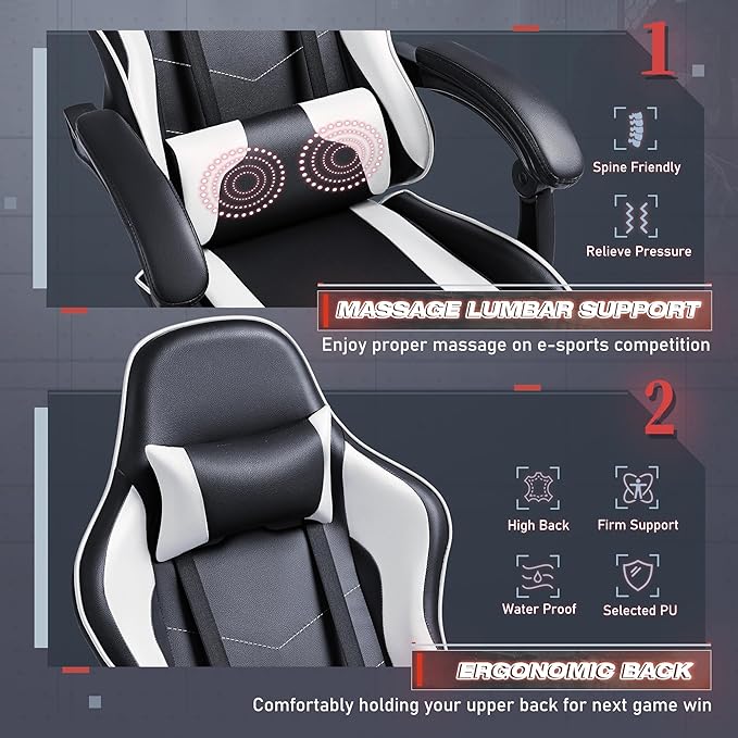 Furmax Gaming Chair Video Game Chair with Footrest and Massage Lumbar Support Swivel Seat Height Adjustable Computer Chair with Headrest Racing E-Sport Gamer Chair (White)