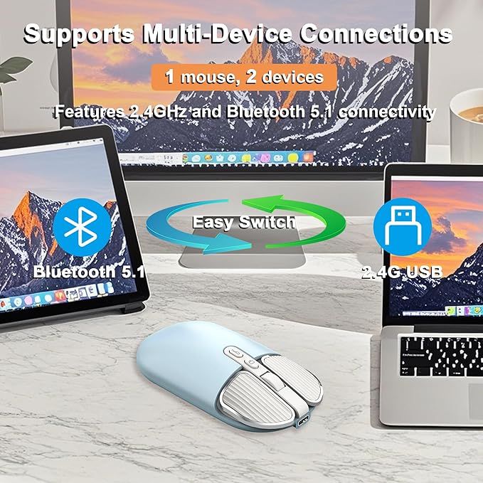 Wireless Mouse Bluetooth Cute Ultra Slim Silent Computer Mice with USB Receiver Dual-Mode 2.4G &amp Bluetooth Rechargeable Portable USB Cordless Mouse for Laptop PC Desktop Tablet Kids Adults Gift B