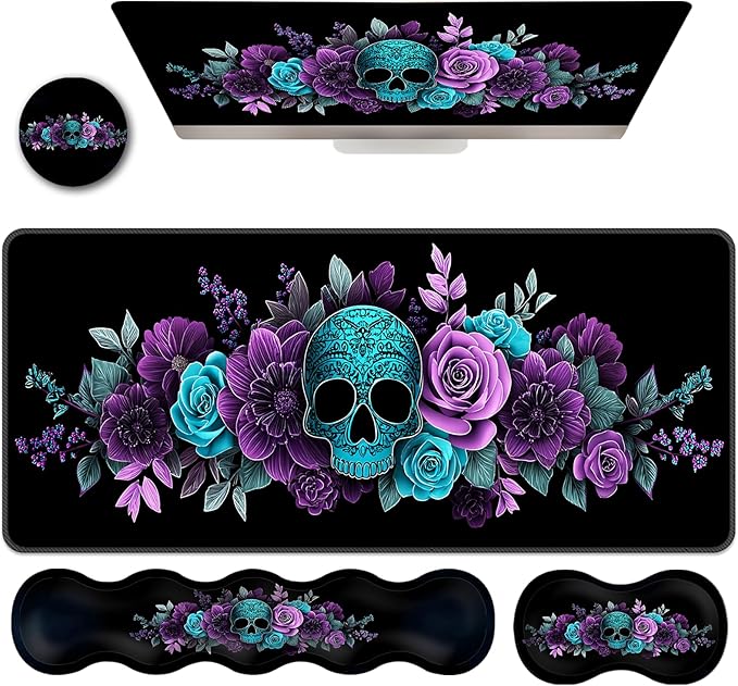 Ergonomic Keyboard Wrist Rest &amp Mouse Pad Wrist Rest SetXL Gaming Desk Mat 31.5x 11.8Non-Slip BaseMemory FoamEasy Typing Pain Relief for Office &amp HomeTeal Skull Purple Blue Flowers