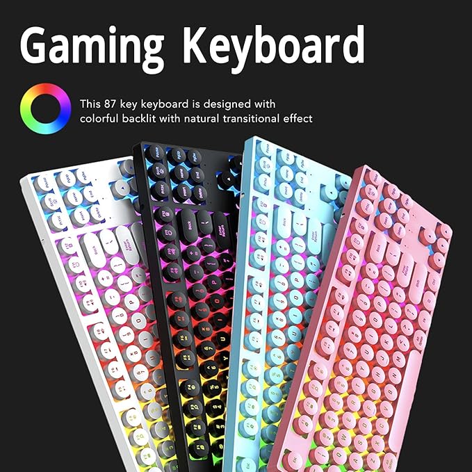 Yunseity 87 Keys Typewriter Mechanical Gaming Keyboard Colorful Backlit Retro Punk Round Keycaps Keyboard Anti Ghosting Hot Swap USB Wired Keyboards for Gamers Typists (Black)