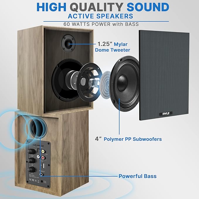 PyleUsa Powered Bookshelf Speaker Monitors HiFi Studio Monitor Computer Desk Stereo Speaker System Opt/Coax/RCA/USB/AUX Out Connection VOL/TREB/BASS Control Studio Sound Wood - PBKSRB40