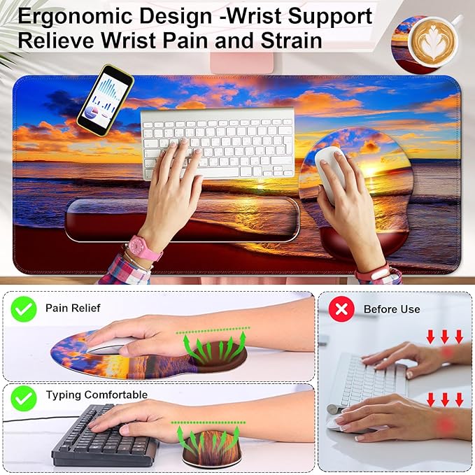 Mouse Pad + Desk Mat + Keyboard Wrist Rest + Coaster 4 in 1 Set Cute Ergonomic Large Gaming Mousepad with Wrist Rest Support Desk Pad for Computer Laptop Office Home Decor-Sunset Beach